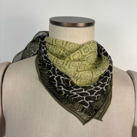 Vintage Accessories - Y2K Square Scarf Sheer Animal & Woodblock Geometric Print Green Mixed Pattern